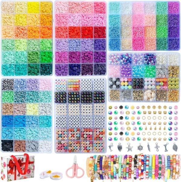 SJZWSD 6-Box Friendship Bracelet Making Kit - 16,000pcs Clay Beads, Seed Beads & Glass Beads Collection, Jewelry Making Kit, Letter Beads, Charms - Great for Friendship Bracelets