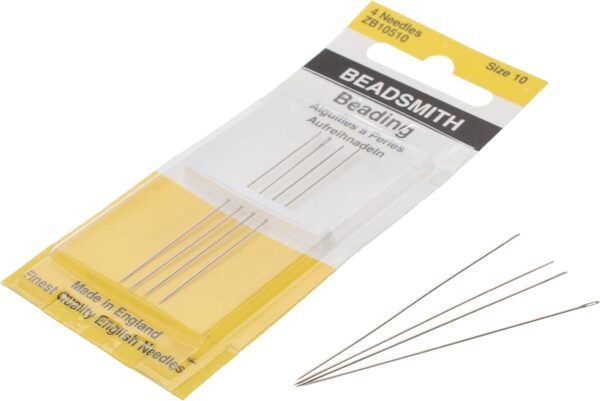 The Beadsmith English Beading Needles, Size 10, 4 needles per card, Made in England, Use for loom weaving beadwork, off-loom stitching and jewelry making with seed beads