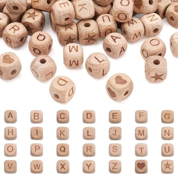 Pandahall 98pcs Natural Wood Cube Large Hole Letter Beads 12x12x12mm Wooden Cubic European Beads with A-Z Alphabet Letter & Heart & Star Pattern for DIY Jewelry Bracelets Making, Hole: 4mm