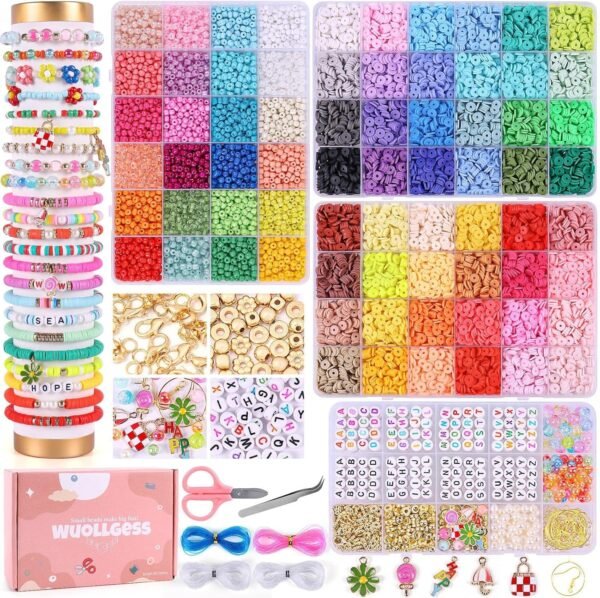 Wuollgess 15000Pcs Clay Beads Bracelet Making kit, 72 Colors Friendship Bracelet Kit with Letters, Flat Heishi Polymer Clay & 4MM Seed Beads for Jewelry Making, Gifts for Adult